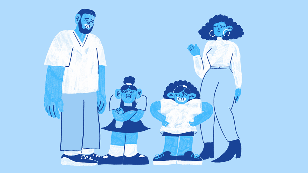 Cartoon picture of two parents and their children 